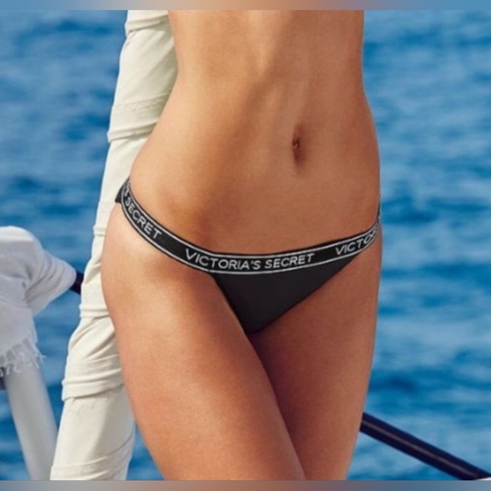 NWT Victoria's Secret swim logo Black cheeky bikini bottoms small